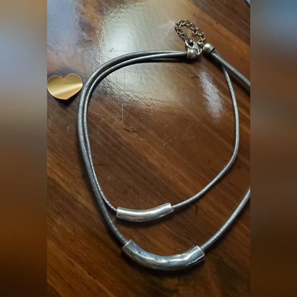 Leather & Metal Double Stranded Necklace - Picture 2 of 3